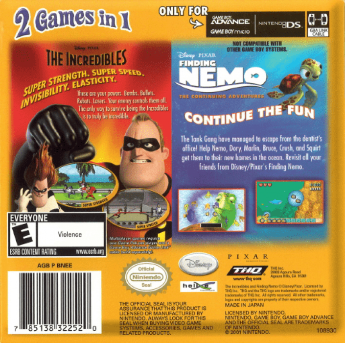 2 Games In 1 - Finding Nemo - The Continuing Adventures + The Incredibles — Box back