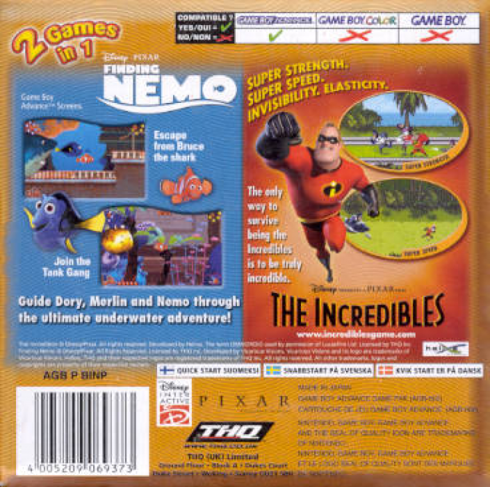 2 Games in 1 : Finding Nemo + The Incredibles — Box back