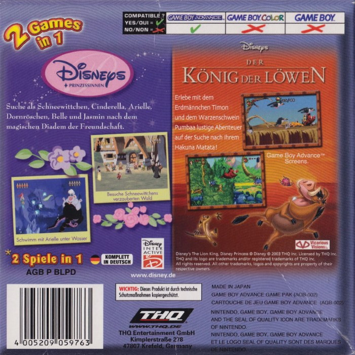 2 Games in 1 : The Lion King + Disney Princess — Box back