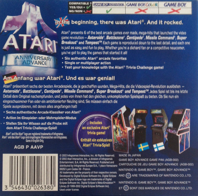 Atari Anniversary Advance — Box back