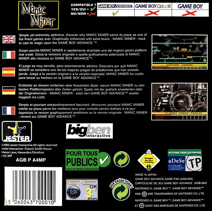 Manic Miner — Box back