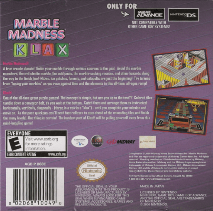 Marble Madness / Klax — Box back