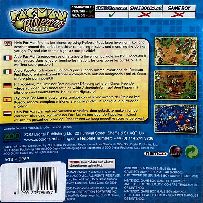 Pac-Man Pinball Advance — Box back