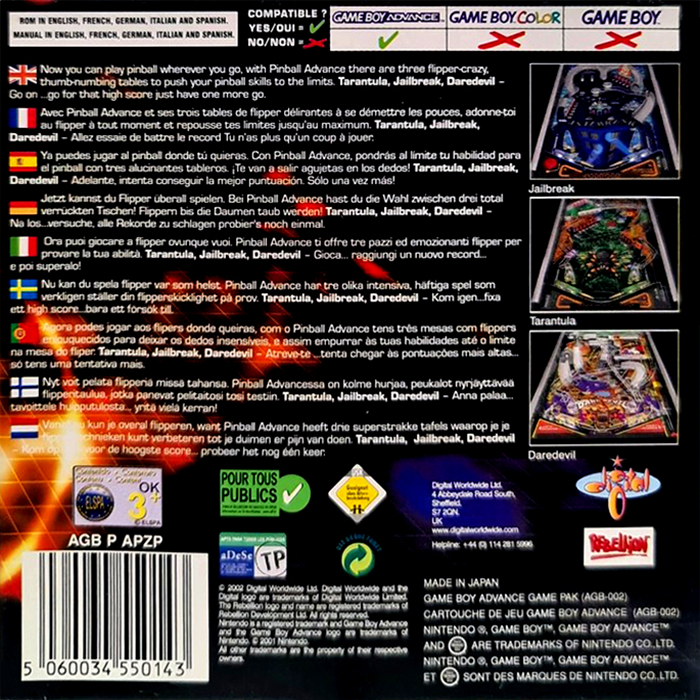 Pinball Advance — Box back