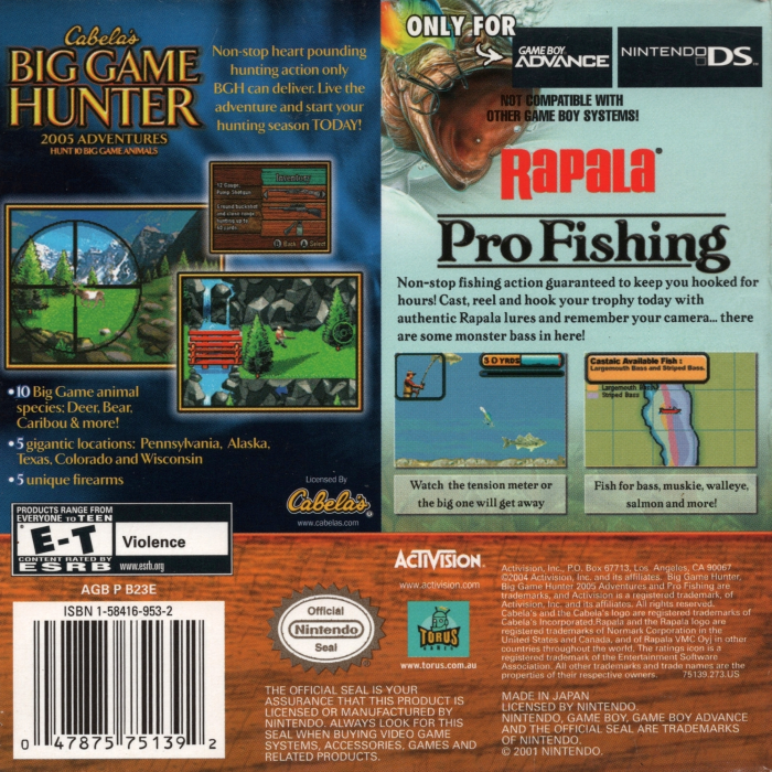 Sportsmans Pack 2 in 1 - Cabela's Big Game Hunter Rapala Pro Fishing — Box back