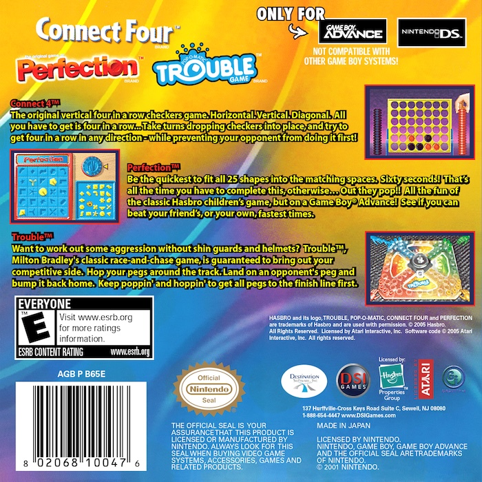 Three-in-One Pack : Connect Four + Perfection + Trouble — Box back