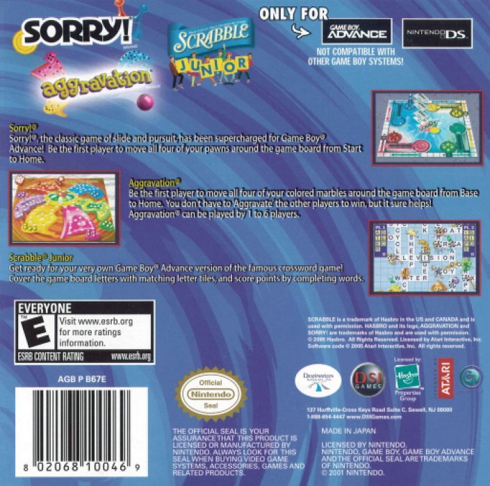Three-in-One Pack : Sorry! + Aggravation + Scrabble Junior — Box back