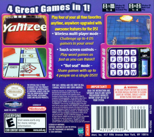 4 Game Fun Pack : Monopoly, Boggle, Yahtzee, Battleship — Box back