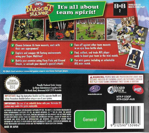 Afl Mascot Manor — Box back
