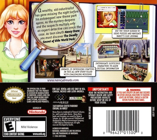 Nancy Drew - The Deadly Secret Of Olde World Park — Box back