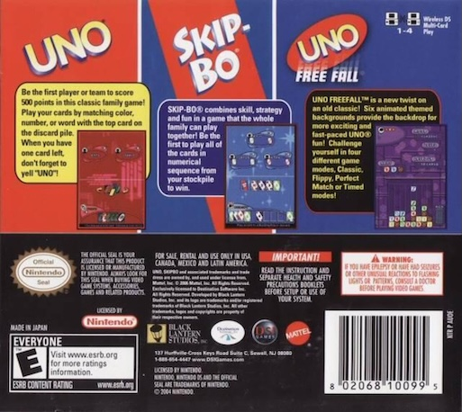 Uno Skip-bo Uno Free Fall — Box back