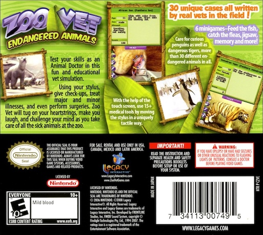 Zoo Vet : Endangered Animals — Box back