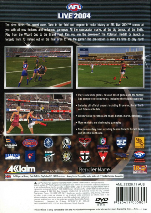 AFL Live 2004 — Box back
