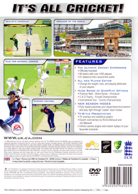 Cricket 2004 — Box back