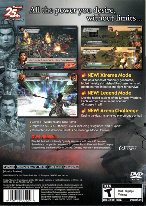 Dynasty Warriors 4 : Xtreme Legends — Box back