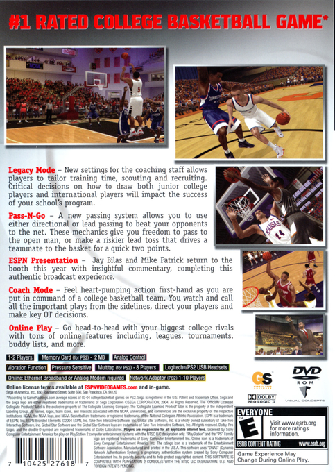ESPN College Hoops 2K5 — Box back