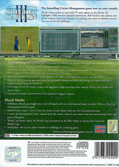International Cricket Captain III — Box back
