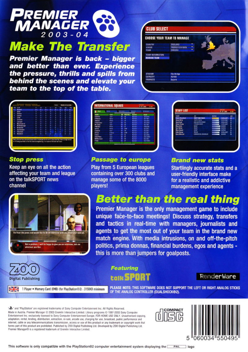 Premier Manager 2003-04 — Box back