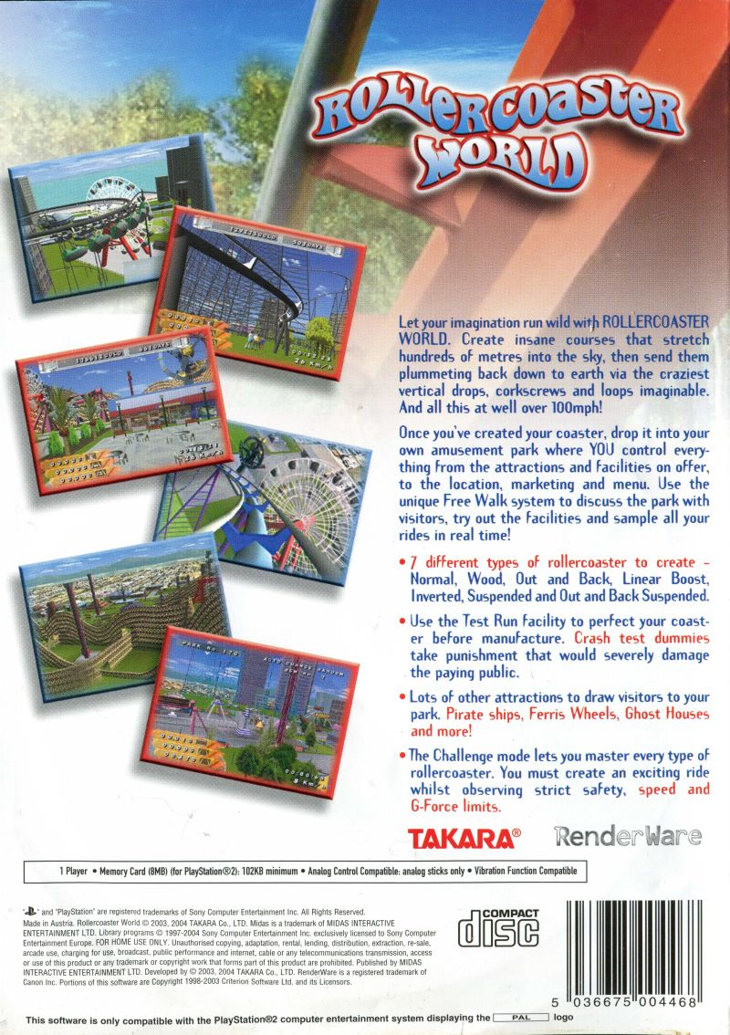 RollerCoaster World — Box back