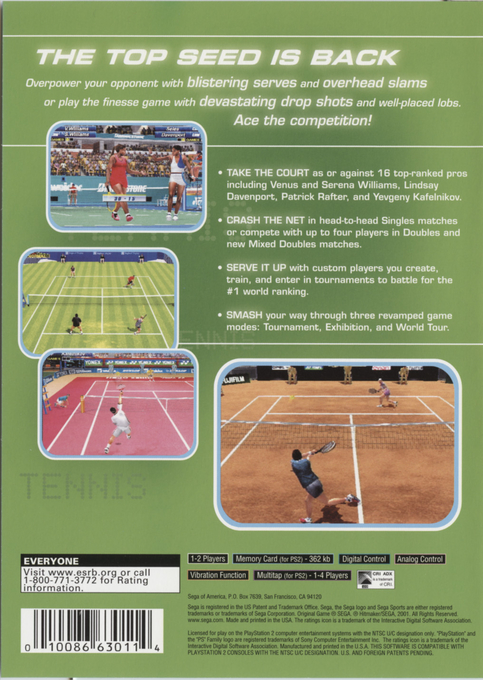 Sega Sports Tennis — Box back