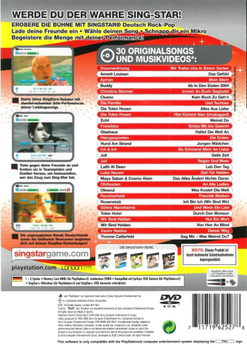 SingStar Deutsch Rock-Pop — Box back