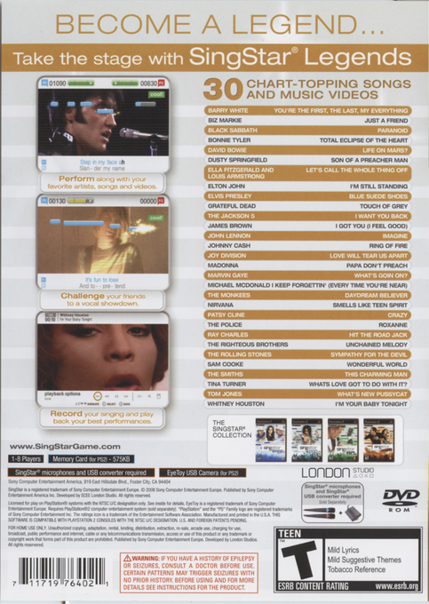 SingStar Legends — Box back