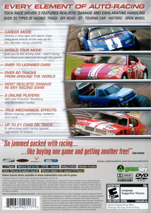 TOCA Race Driver 3 : The Ultimate Racing Simulator — Box back
