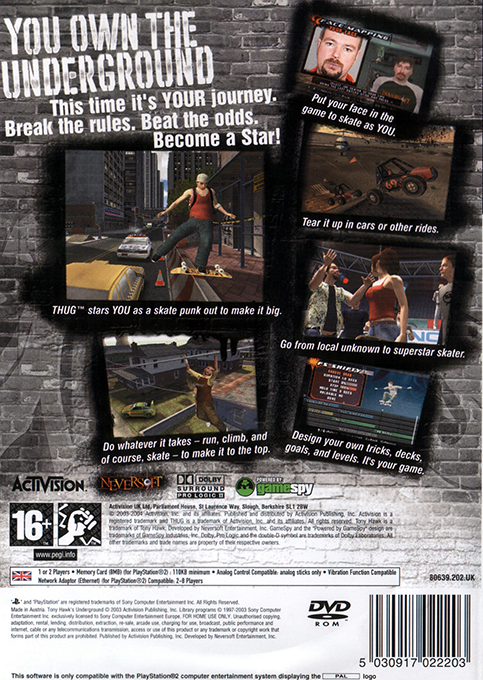 Tony Hawk's Underground — Box back