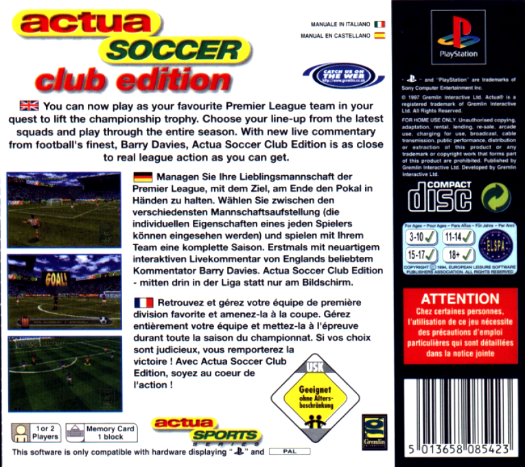 Actua Soccer : Club Edition — Box back