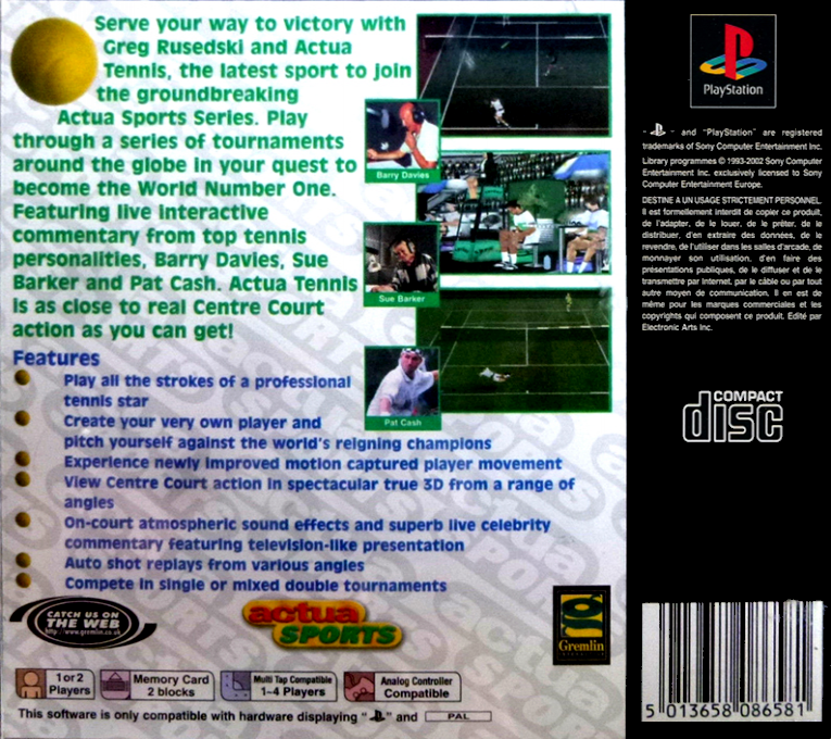 Actua Tennis — Box back