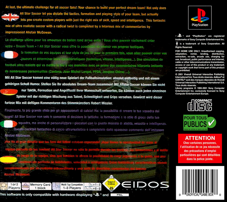 All Star Soccer — Box back