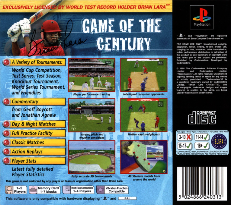 Brian Lara Cricket — Box back