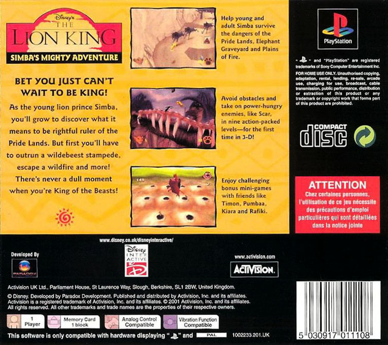 Disney's The Lion King : Simba's Mighty Adventure — Box back