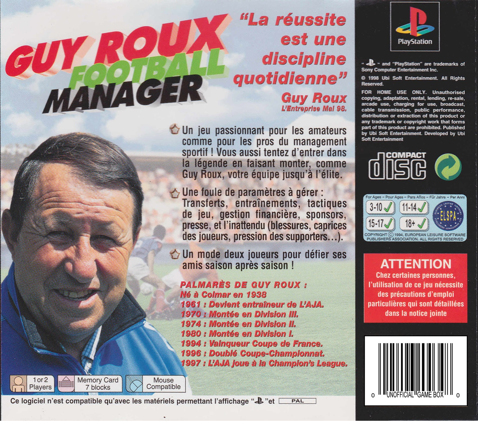 Guy Roux Football Manager Saison 97-98 — Box back