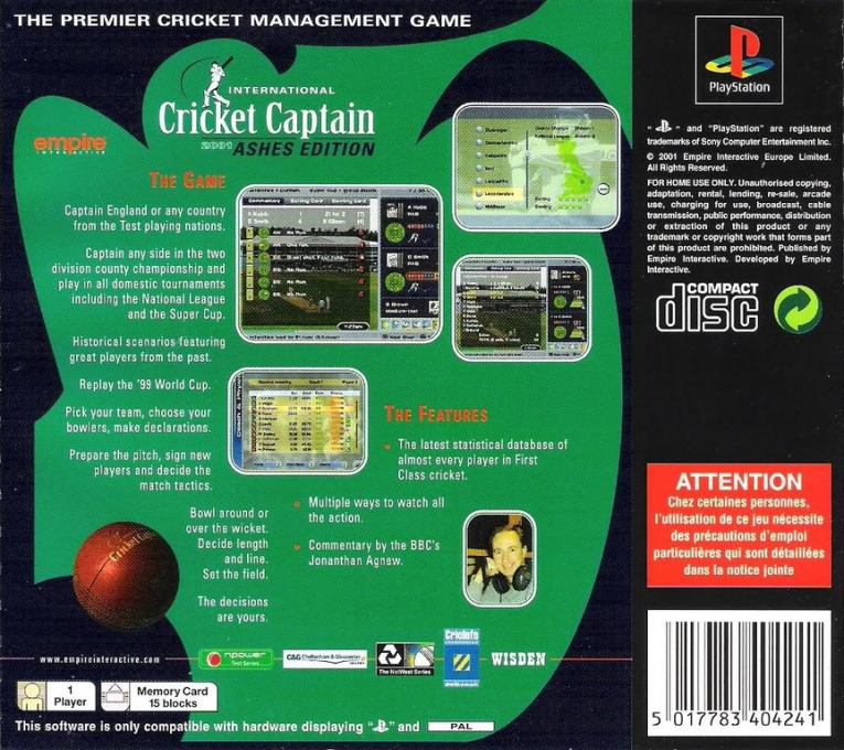 International Cricket Captain 2001 : Ashes Edition — Box back