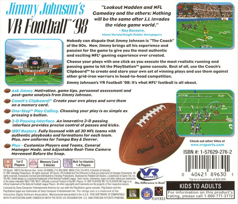 Jimmy Johnson's VR Football '98 — Box back