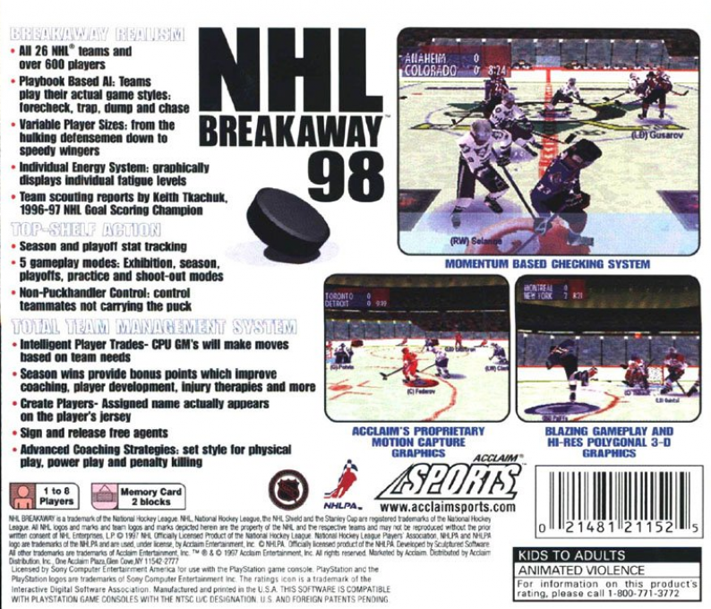 NHL Breakaway 98 — Box back