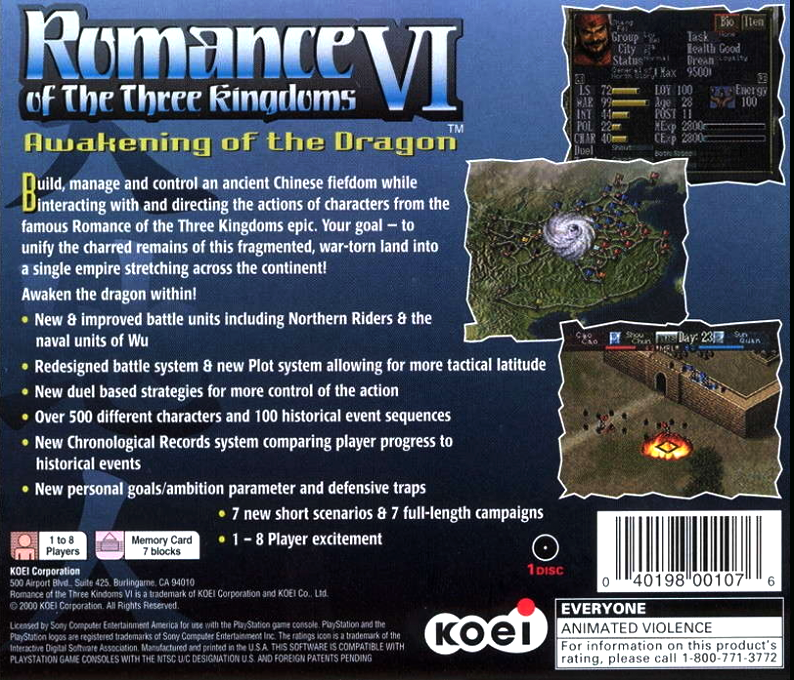 Romance of the Three Kingdoms VI: Awakening of the Dragon — Box back