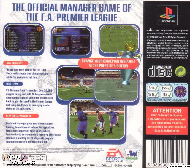 The F.A. Premier League Football Manager 2000 — Box back