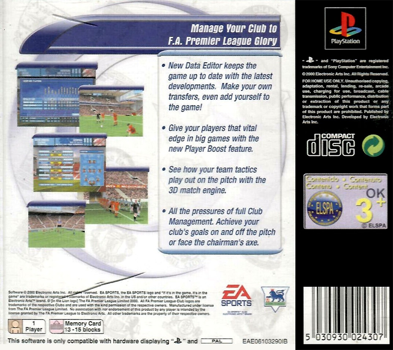 The F.A. Premier League Football Manager 2001 — Box back