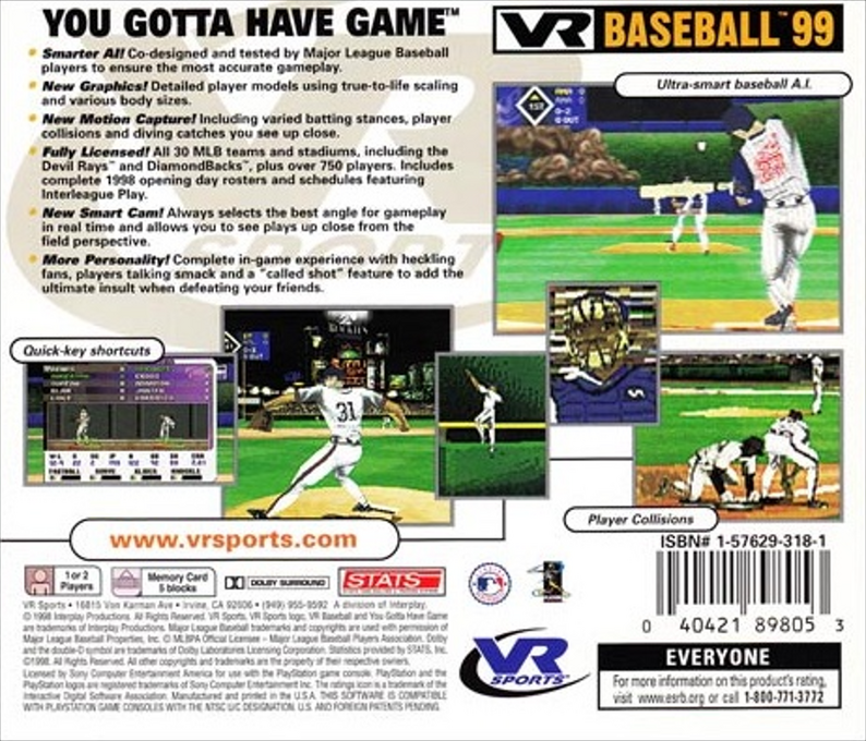 VR Baseball 99 — Box back