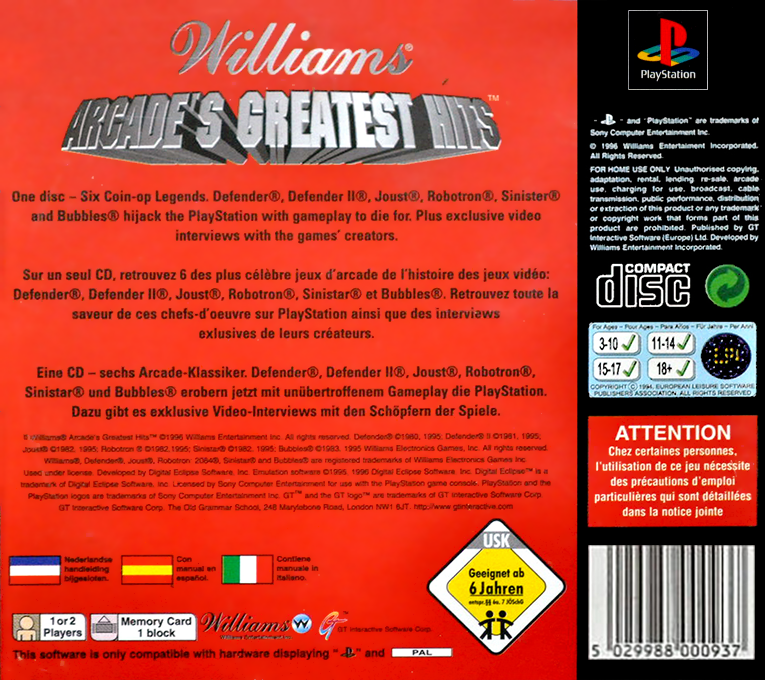 Williams Arcade's Greatest Hits — Box back
