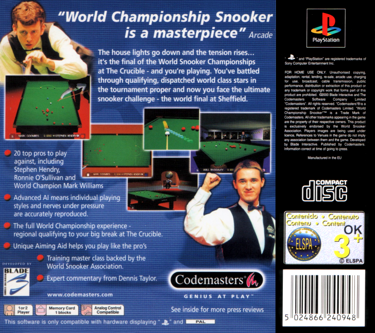 World Championship Snooker — Box back
